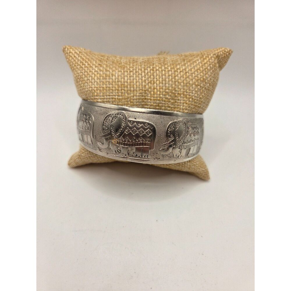 1874. Vintage Boho Tibetan Silver Tone Elephant Parade Wide Cuff Bangle Bracelet